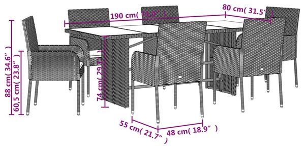 7dílný zahradní jídelní set s poduškami šedý polyratan 3213508