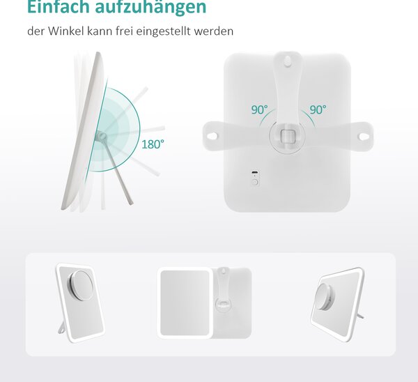 EMKE LED toaletní zrcátko 181x232mm bílé kosmetické zrcátko s přísavkou a trojnásobným zvětšovacím zrcátkem