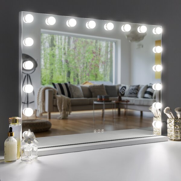 VANITII Hollywoodské kosmetické zrcadlo 80 cm x 58 cm s osvětlením 18 stmívačů 3 světelné režimy kosmetické zrcadlo pro koupelnový toaletní stolek bílé barvy