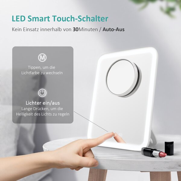 EMKE LED toaletní zrcátko 181x232mm bílé kosmetické zrcátko s přísavkou a trojnásobným zvětšovacím zrcátkem