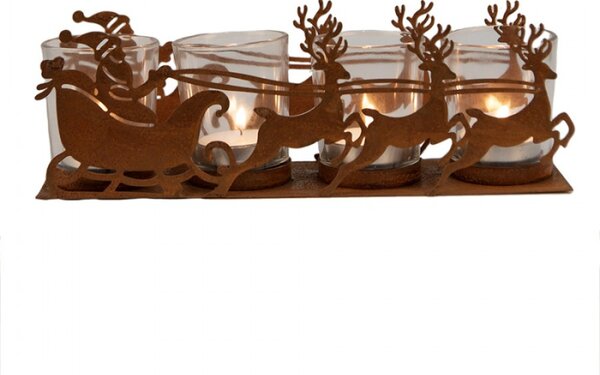 Vánoční kovový svícen na 4 svíčky Santa Claus se sobím spřežením Zwemblik – 25x7x8 cm