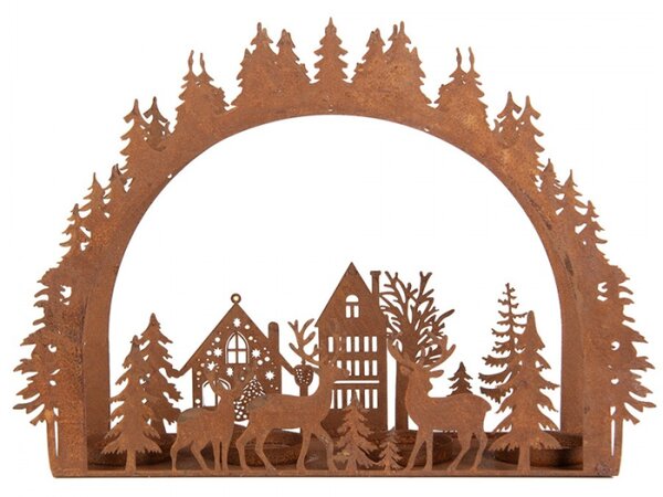 Vánoční kovový svícen na 4 svíčky zimní oblouk s jeleny a stromky Zwemblik – 32x8x24 cm