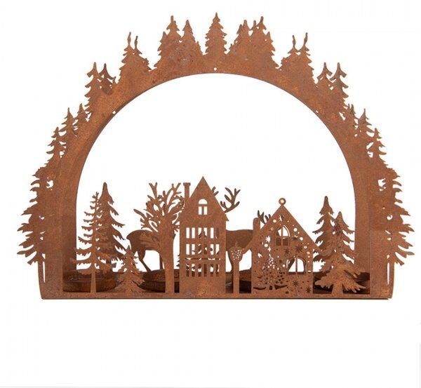 Vánoční kovový svícen na 4 svíčky zimní oblouk s jeleny a stromky Zwemblik – 32x8x24 cm