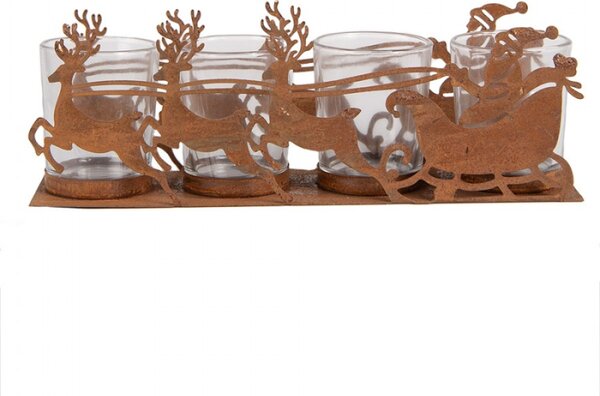 Vánoční kovový svícen na 4 svíčky Santa Claus se sobím spřežením Zwemblik – 25x7x8 cm