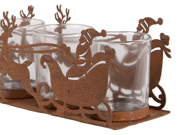 Vánoční kovový svícen na 4 svíčky Santa Claus se sobím spřežením Zwemblik – 25x7x8 cm