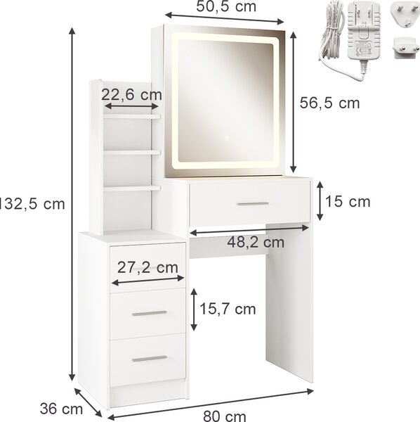 Toaletní stolek Vicco Lisca Bílá 80 cm se zrcadlem LED, Model 50164