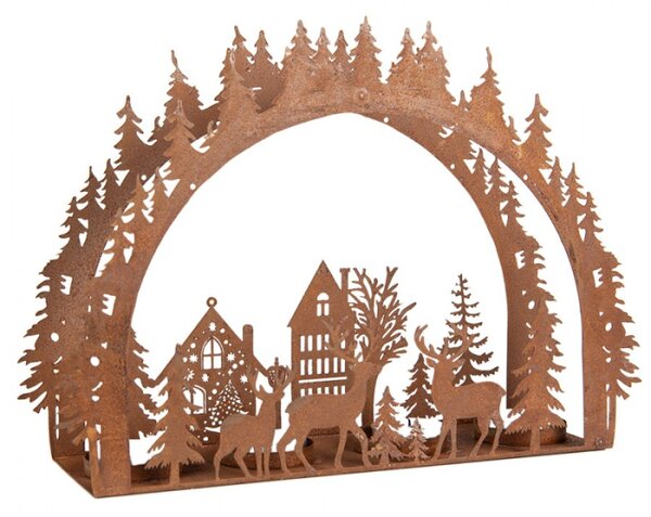 Vánoční kovový svícen na 4 svíčky zimní oblouk s jeleny a stromky Zwemblik – 32x8x24 cm