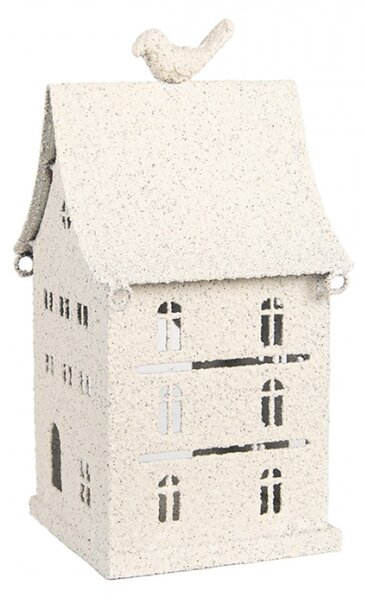 Bílá kovová dekorace domeček na svíčku s korouhvičkou na střeše Zwemblik – 12x12x27 cm
