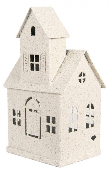 Bílá kovová dekorace domeček s komínem na svíčku Zwemblik – 16x12x30 cm