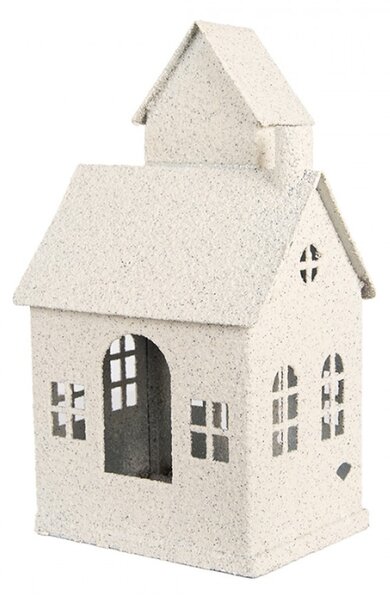Bílá kovová dekorace domeček s komínem na svíčku Zwemblik – 16x12x30 cm