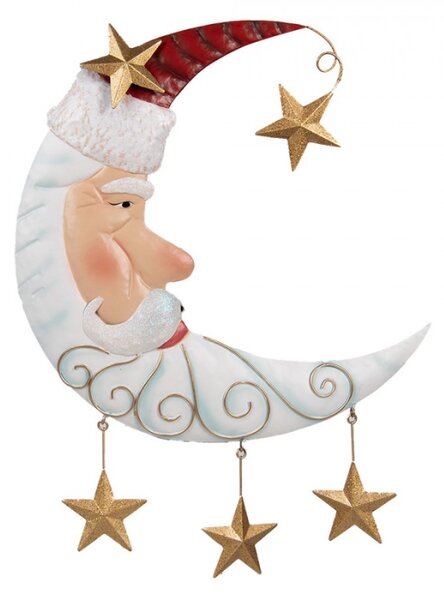 Kovová vánoční dekorace bílo-zlatý Santa Claus / měsíček s hvězdičkami – 40x3x45 cm