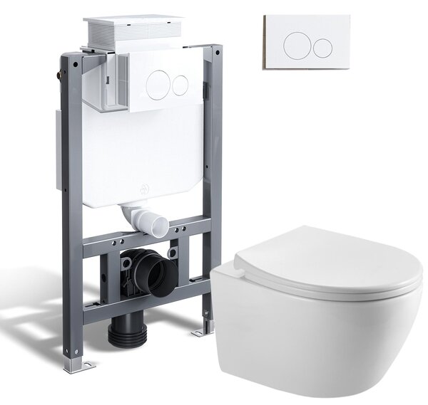 HOROW Kompletní WC souprava, 82cm předstěnová splachovací nádržka + závěsný klozet + bílá kulatá tlačná deska