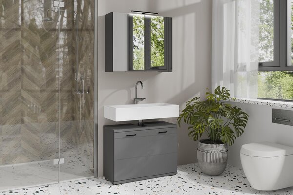 ByLIVING SPREE zrcadlová skříňka / Matný antracitový korpus se zrcadlovými dvířky / Nástěnná skříňka s funkcí tichého zavírání / Včetně LED osvětlení / Koupelnová skříňka se zásuvkou a vypínačem / Š 70, V 60, H 20 cm