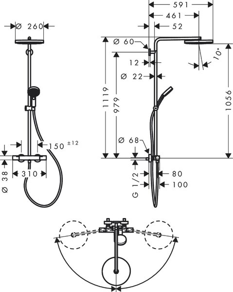 Hansgrohe Pulsify S Puro - Showerpipe 260 1jet s termostatem Ecostat Fine s ruční sprchou 3jet, kartáčovaný bronz 24236140