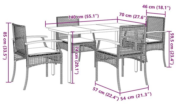 5dílný zahradní jídelní set s poduškami černý polyratan 3213605
