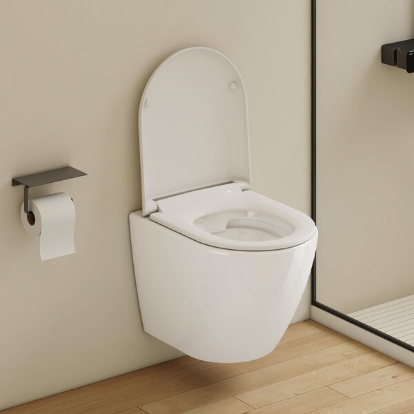 EMKE Závěsné WC bezokrajové, keramické, úspora vody, přímé a dvojité protisměrné splachování, sedátko Soft-Close, lesklá bílá