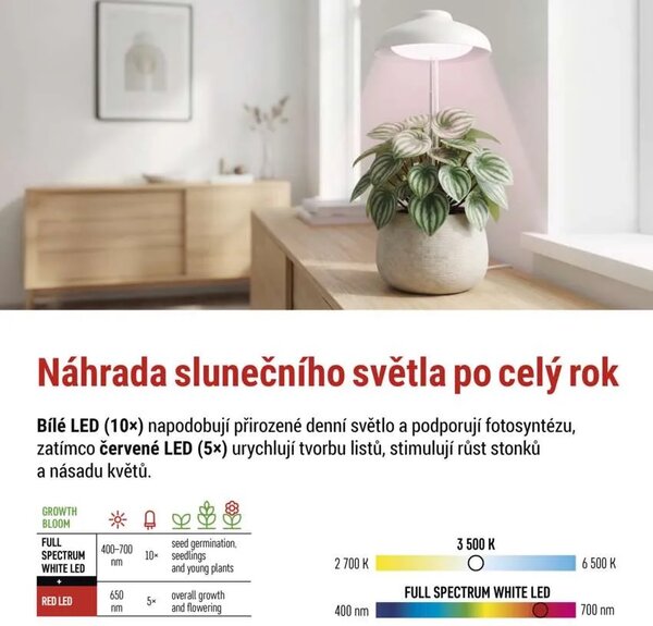 EMOS LED GROW pěstební lampa 5 W, časovač, bílá 1538900010