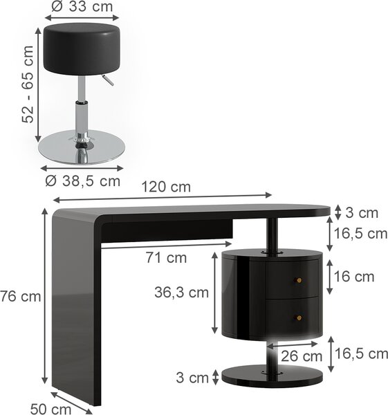 Toaletní stolek Vicco Lara Černý vysoký lesk 120 cm se stoličkou, Model 50188