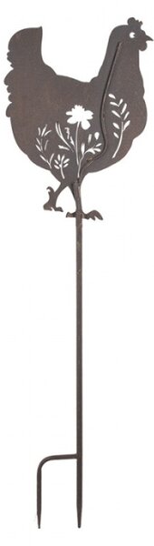 Hnědá kovová zahradní dekorace / zápich do záhonu slepice – 32x2x113 cm