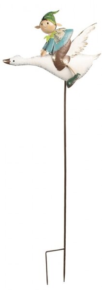 Modro-bílá kovová zahradní dekorace skřítek na huse – 42x9x122 cm