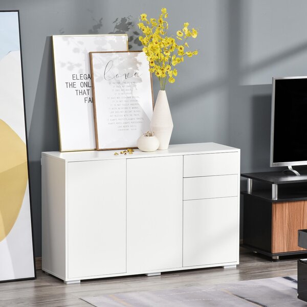 Sweiko, skříň, úložná skříň, víceúčelová skříň, archivní skříň, komoda, 2 zásuvky, 3 dveře, materiál: dřevotříska E1, barva: bílá, rozměry: 117 x 36 x 74 cm