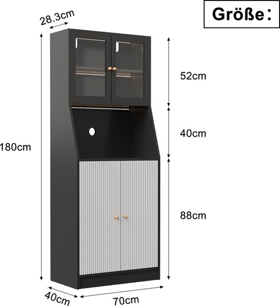 Kuchyňská skříňka, 180 cm bufetová skříňka se 2 skleněnými dvířky, vysoká skříňka se 4 dvířky a nastavitelnými policemi, víceúčelová skříňka do kuchyně, jídelny, obývacího pokoje, černá barva