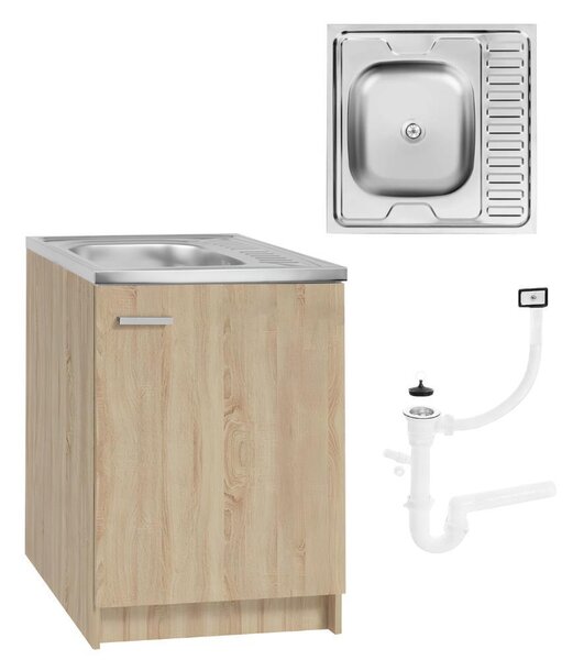 Stamar | Kuchyňská skříňka s dřezem, spodní skříňka, dub Sonoma, 60 cm, se sifonem