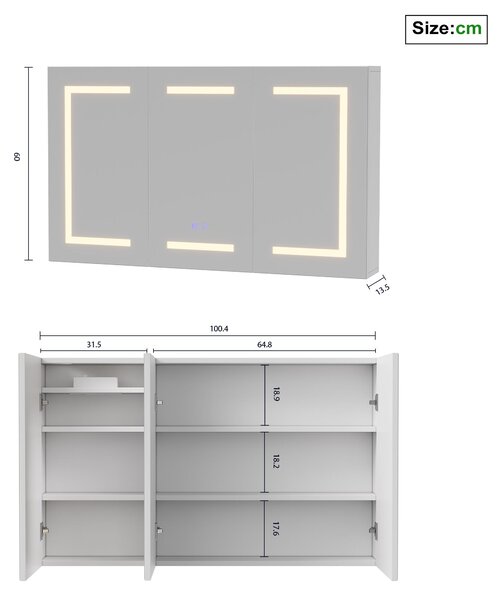 Zrcadlová skříňka Moonbite LED, 100 cm, 3 dvířka, ochrana proti zamlžování a zásuvka EU, bílá