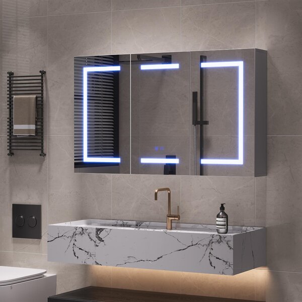 Zrcadlová skříňka Moonbite LED, 100 cm, 3 dvířka, ochrana proti zamlžování a zásuvka EU, bílá