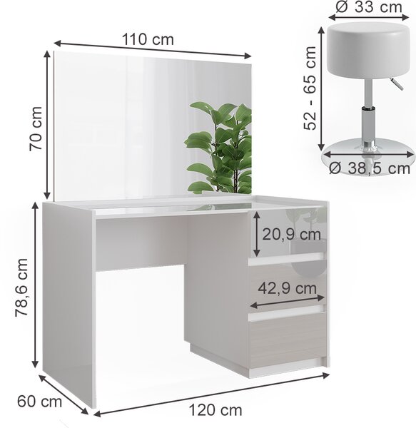 Toaletní stolek Vicco Marla Bílá vysoký lesk 120 cm se zrcadlem a stoličkou, Model 51987