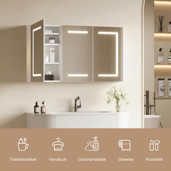Zrcadlová skříňka Moonbite LED, 100 cm, 3 dvířka, ochrana proti zamlžování a zásuvka EU, bílá