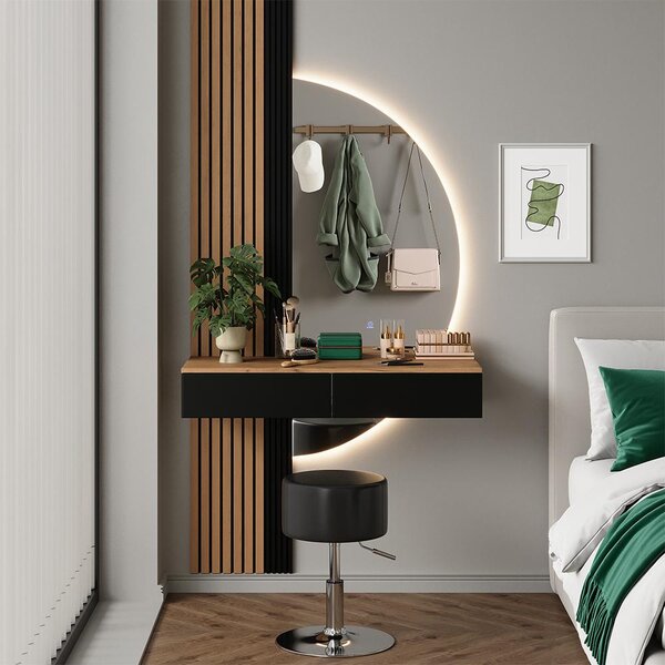 Toaletní stolek Vicco Melina Dub/černá 100 cm se zrcadlem LED a stoličkou, Model 58446