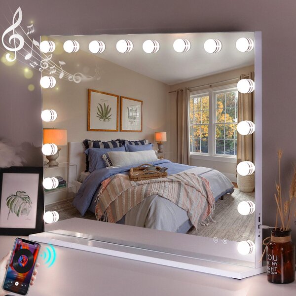 VANITII Hollywoodské kosmetické zrcadlo 80 cm x 58 cm s osvětlením 18 stmívačů 3 režimy osvětlení Bluetooth kosmetické zrcadlo do koupelny toaletní stolek Bílá