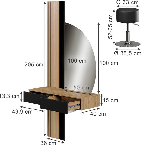 Toaletní stolek Vicco Melina Dub/černá 100 cm se zrcadlem LED a stoličkou, Model 58446