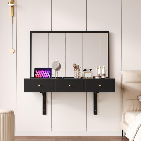 Závěsný toaletní stolek Sweiko se zrcadlem, 3 zásuvkami a zásuvkami, slotem na kartu pro tablet, držákem na nápoje; černý 100 × 105 × 45 cm (š × v × h)