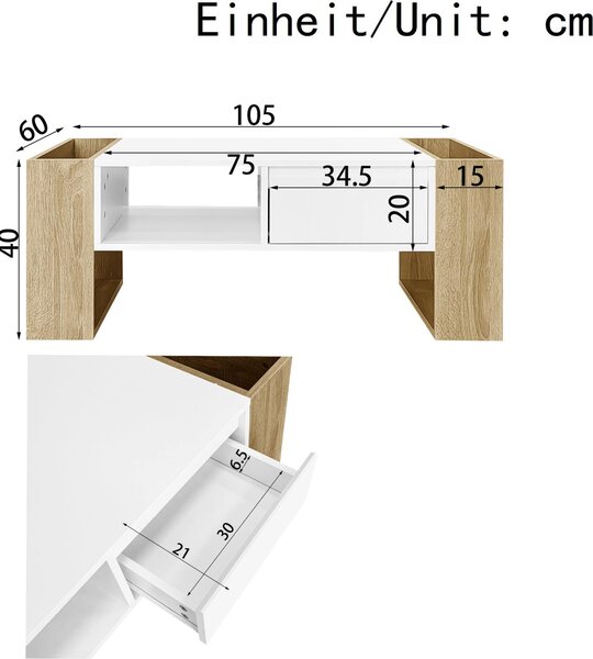 Moderní konferenční stolek 105 x 60 x 40 cm - se zásuvkami - otevřené přihrádky - bílá + příroda
