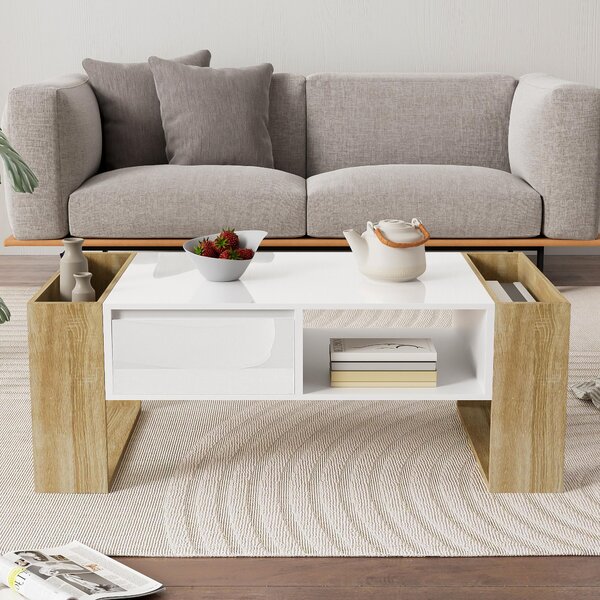 Moderní konferenční stolek 105 x 60 x 40 cm - se zásuvkami - otevřené přihrádky - bílá + příroda