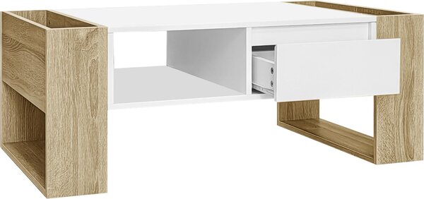 Moderní konferenční stolek 105 x 60 x 40 cm - se zásuvkami - otevřené přihrádky - bílá + příroda