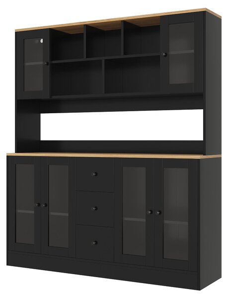 Kuchyňská skříň s LED osvětlením, zásuvkami, 6 akrylátovými dvířky a 3 zásuvkami, rozměry 150 x 40 x 173 cm, barva: černá a přírodní