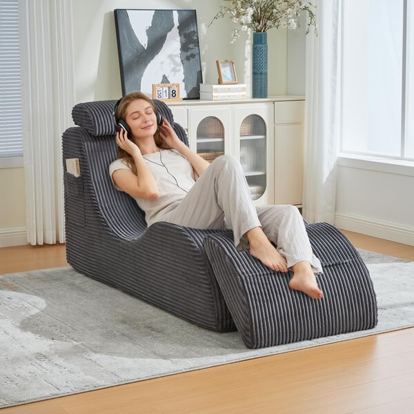 LVHOM Čalouněné lehátko s odnímatelnými polštáři a podnožkou, chaise longue, lehátko s funkcí spaní, manšestrová tkanina, tmavě šedá barva