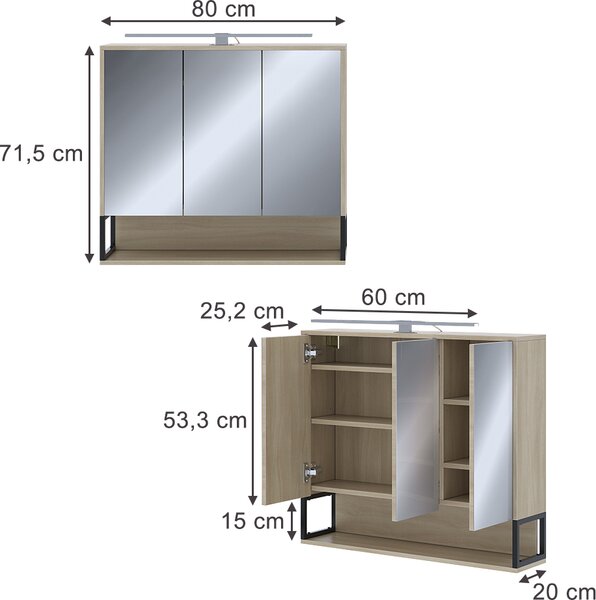 Koupelnová skříňka se zrcadlem Vicco Vionna Dub/černá 80 x 71.5 cm se světlem LED, Model 55335