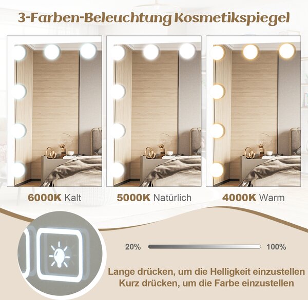 COSTWAY Hollywoodské zrcadlo s 15 stmívatelnými LED světly, 10x zvětšení, make-up zrcadlo 46x58cm