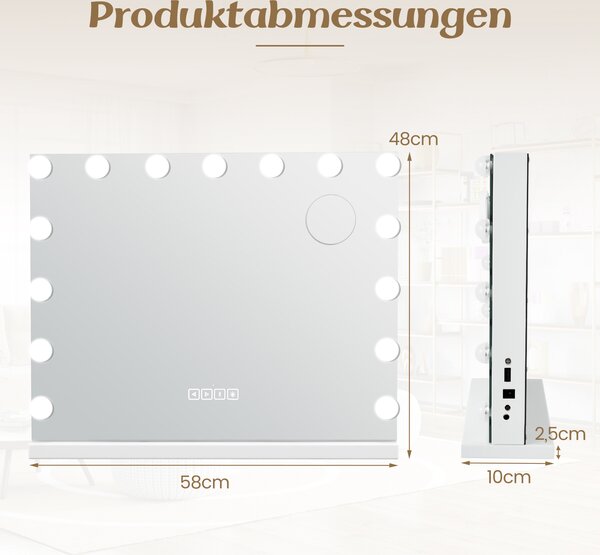 COSTWAY Hollywoodské zrcadlo s 15 stmívatelnými LED světly, 10x zvětšení, make-up zrcadlo 46x58cm
