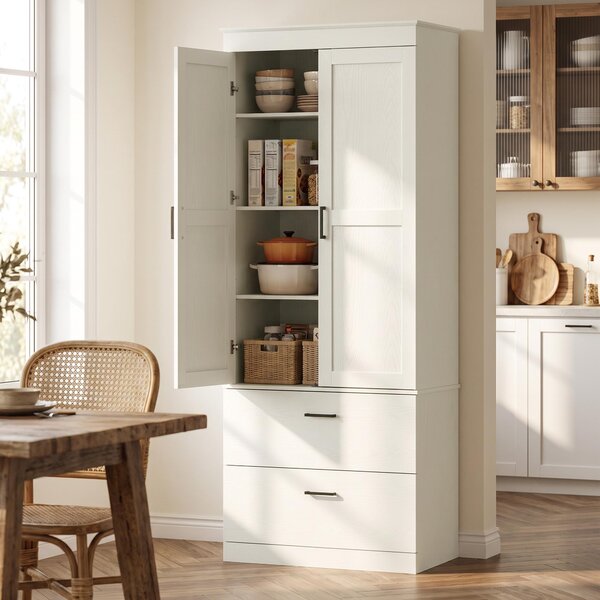 Kuchyňská skříň HOMCOM, vysoká skříň s nastavitelnými policemi a 2 zásuvkami, krémově bílá barva