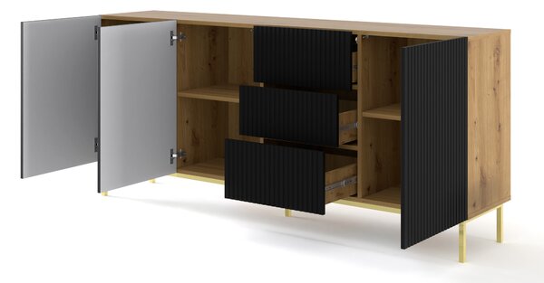 Komoda RAVENNA š 200 cm 3D3S rám ARTISAN OAK / BLACK MATT Příborník MDF 3 dvířka 3 zásuvky s kovovými nožičkami Kovový rám nohy Zlatý nebo černý kovový rám Skříňka s vysokou deskou otevřené police Bufet s frézovanými čely