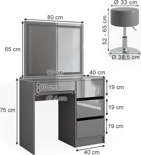 Toaletní stolek Vicco Sherry Šedá 90 cm se zrcadlem LED a stoličkou, Model 41288