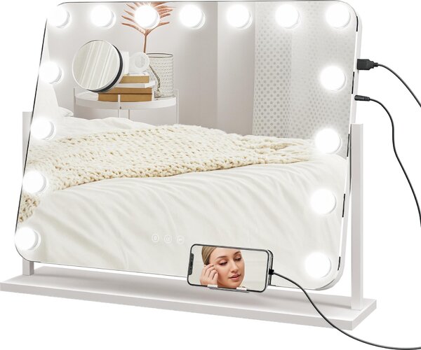 Kosmetické zrcadlo Sweiko s LED osvětlením, 3 světelné režimy, stmívatelné, dotykové ovládání, USB, rozměry 62,5 x 49,5 cm, bílá barva