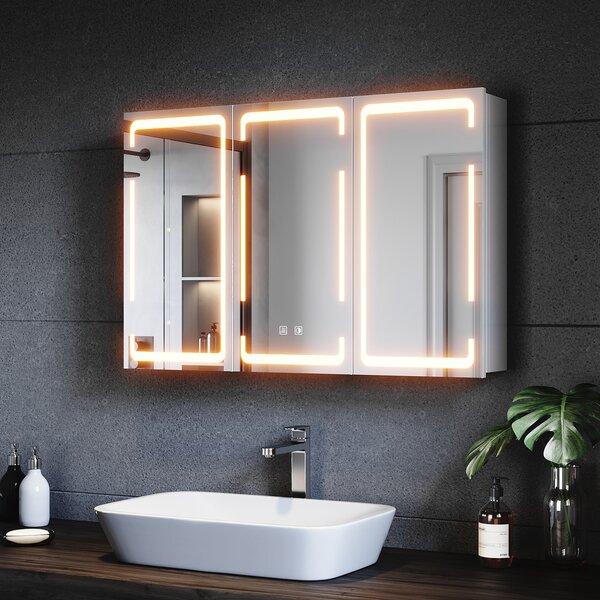 SONNI kovová zrcadlová skříňka s tříbarevným LED osvětlením 90x60x14 cm, stmívatelný dvoudotykový spínač, 3 dveře, bezdrátová konstrukce závěsů nástěnná skříňka