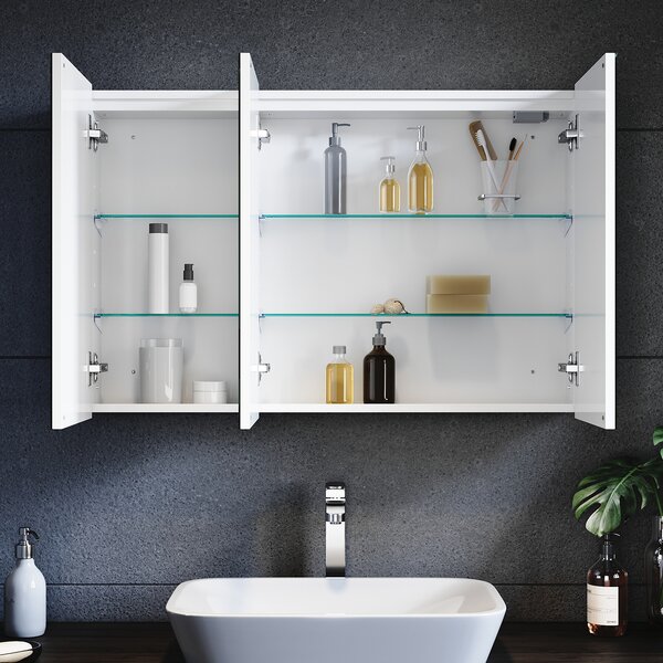 SONNI kovová zrcadlová skříňka s tříbarevným LED osvětlením 90x60x14 cm, stmívatelný dvoudotykový spínač, 3 dveře, bezdrátová konstrukce závěsů nástěnná skříňka