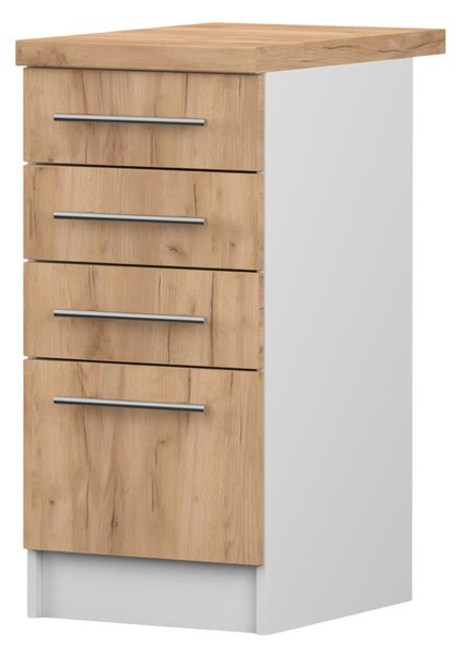 Spodní skříňka INEZ II, kuchyně, kuchyňská skříňka 40 cm bílá/řezaný dub Gold se čtyřmi zásuvkami, stříbrné kovové úchytky